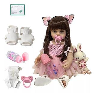 Boneca Bebê Reborn Menina Coelinho De Pelúcia -100% Silicone